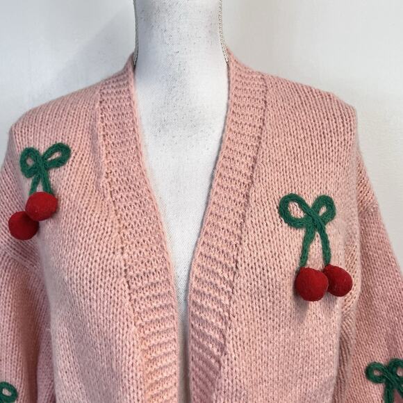 Luna Ivy Cardigan Sweater sz Small Pink Red Cherry Bow Knit Cozy Cottagecore - Picture 3 of 9